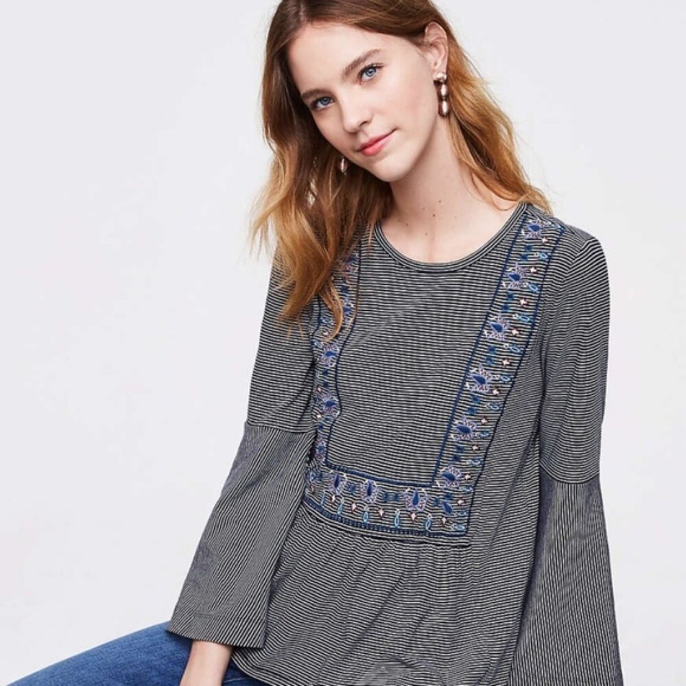 LOFT | Embroidered Striped Bell Sleeve Tee